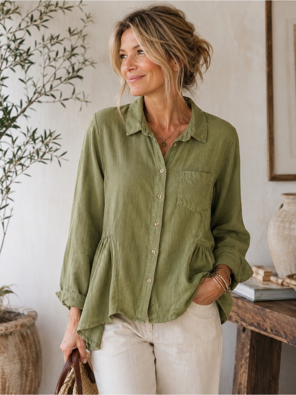 Anthropologie Holding Horses Olive Green Linen Button Top/Blouse 100% Linen Sz S